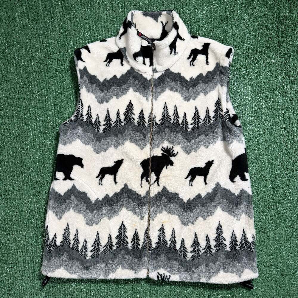 Coastlines Fleece Vest Size Medium White Black All Over Print Full Zip